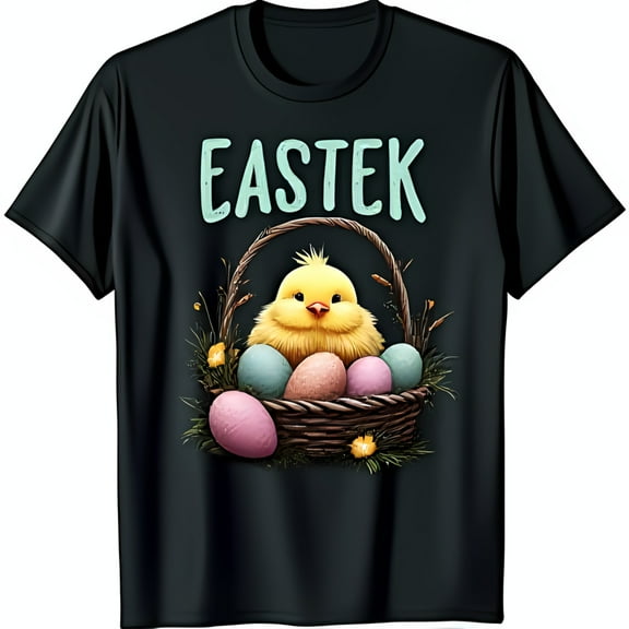 Whimsical Black T-Shirt with Colorful Easter Eggs & Chick Graphic for Spring