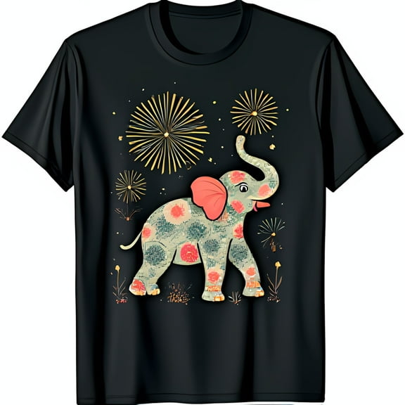 Whimsical Black T-Shirt with Colorful Elephant Graphic Design