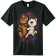 thumbnail image 1 of Whimsical Black T-Shirt with Colorful Embracing Cats Graphic Design, 1 of 5