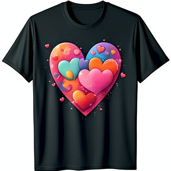 Whimsical Black T-Shirt with Colorful Heart Design Playful Overlapping Hearts