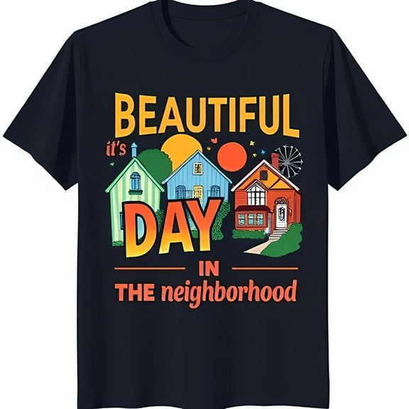 Whimsical Black T-Shirt with Colorful Neighborhood Graphic & Bright Sun Design