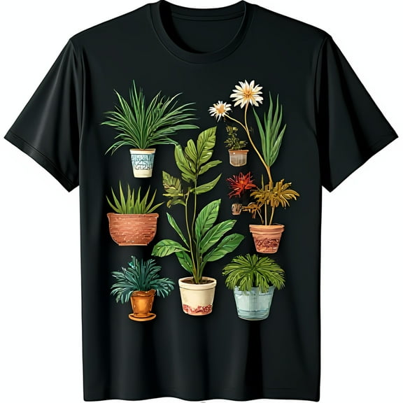 Whimsical Black T-Shirt with Colorful Potted Plant Graphic Playful Design