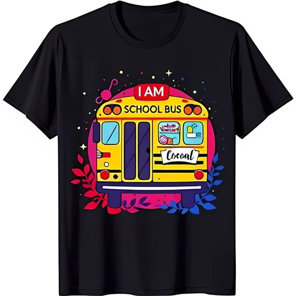 Whimsical Black T-Shirt with Colorful School Bus Graphic 'I am School Bus' Design