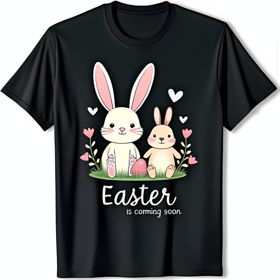 Whimsical Black T-Shirt with Colorful and Flower Chest Graphic for Easter Lovers