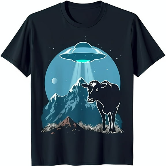 Whimsical Black T-Shirt with Cow UFO and Mountain Graphic Design