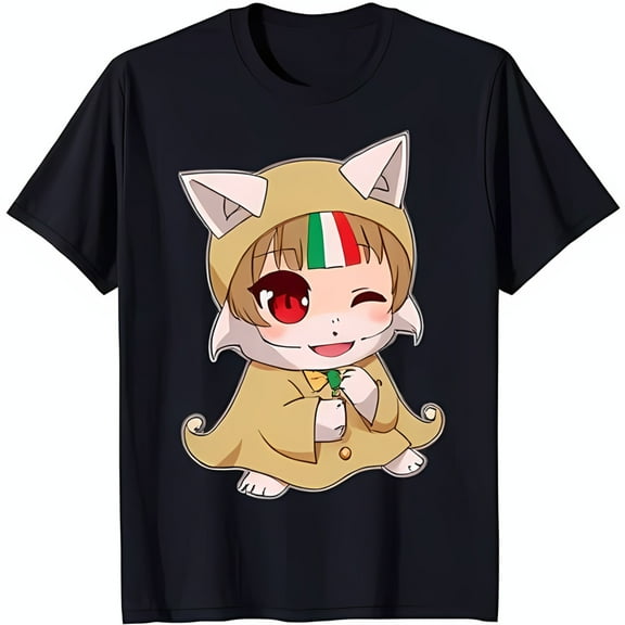 Whimsical Black T-Shirt with Cute Cartoon Character in Tan Coat & Italian Scarf