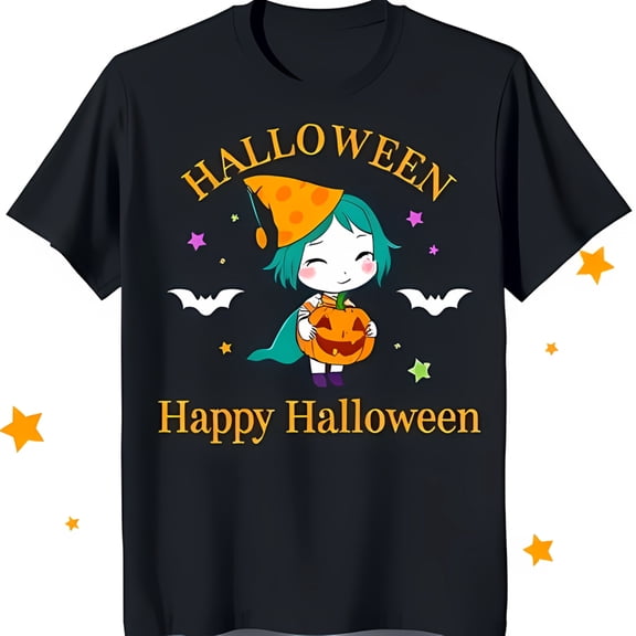 Whimsical Black T-Shirt with Cute Cartoon Girl & o' Graphic for Halloween Fun