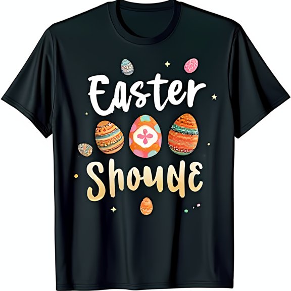 Whimsical Black T-Shirt with Easter Should in Gold & Colorful Easter Eggs