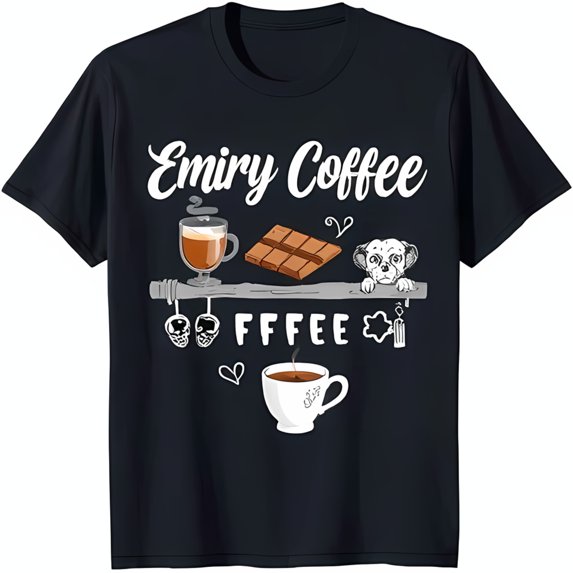 Whimsical Black T-Shirt with 'Emiry Coffee' Graphic Cartoon Dog & Treats