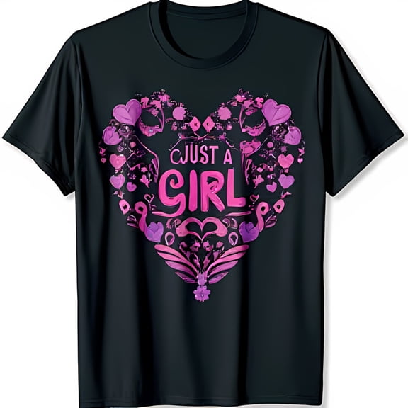 Whimsical Black T-Shirt with Floral Heart Graphic & Just A Girl Text