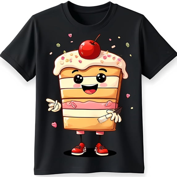 Whimsical Black T-Shirt with Happy Cartoon Cake Red Shoes & Spatula