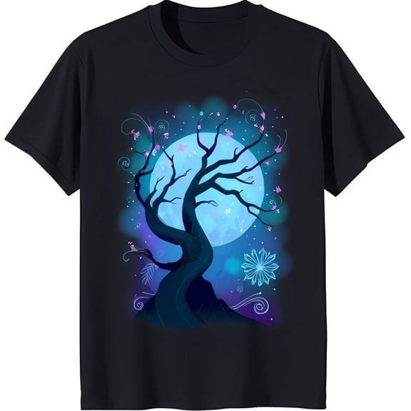 Whimsical Black T-Shirt with Intertwined Tree Pink Blossoms & Graphic