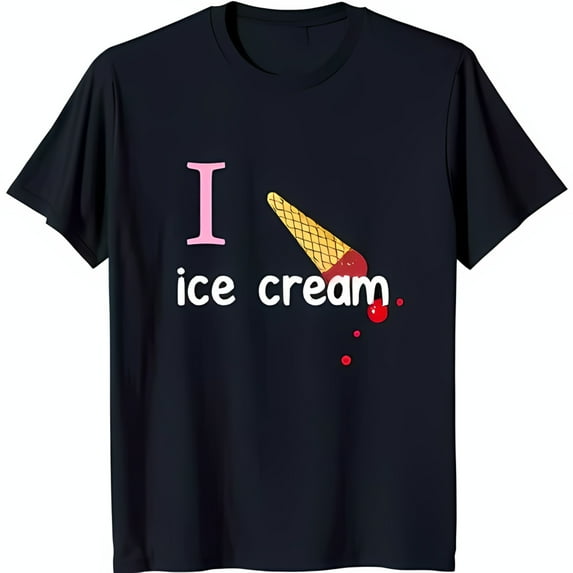 Whimsical Black T-Shirt with Melting Ice Cream Graphic & Pink 'I'