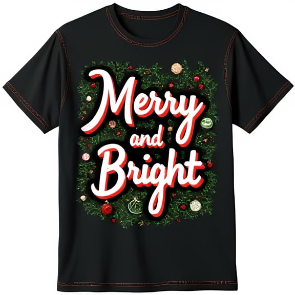 Whimsical Black T-Shirt with Merry and Bright Wreath Design for Christmas