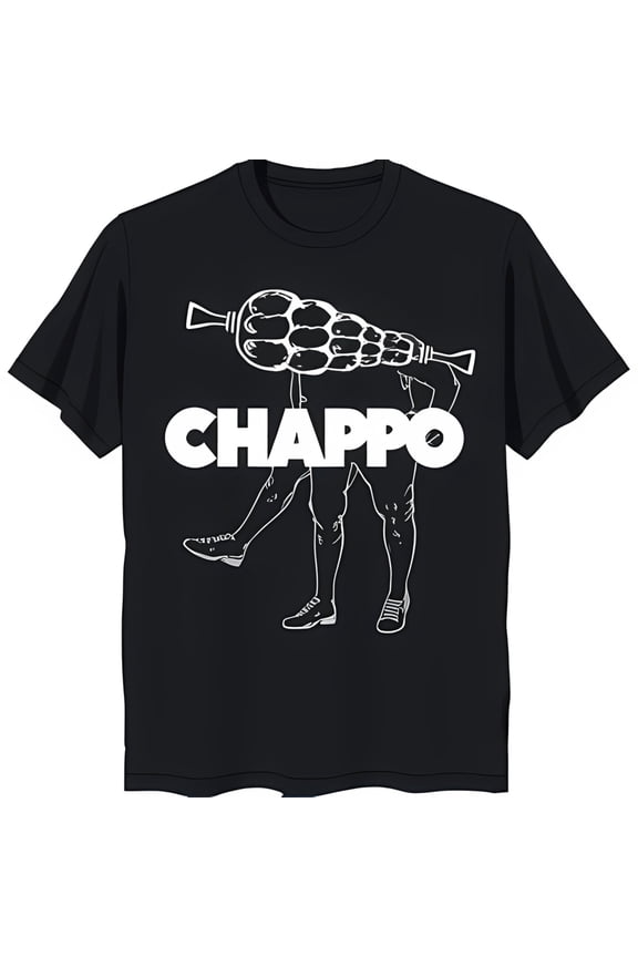 Whimsical Black T-Shirt with Person Holding Large & 'CHAPPO' Design