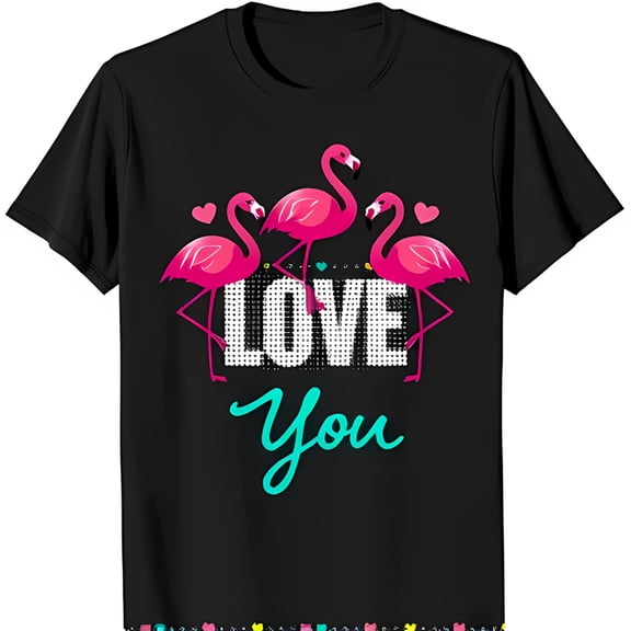 Whimsical Black T-Shirt with Pink Flamingos & Colorful Heart Design Love You Graphic