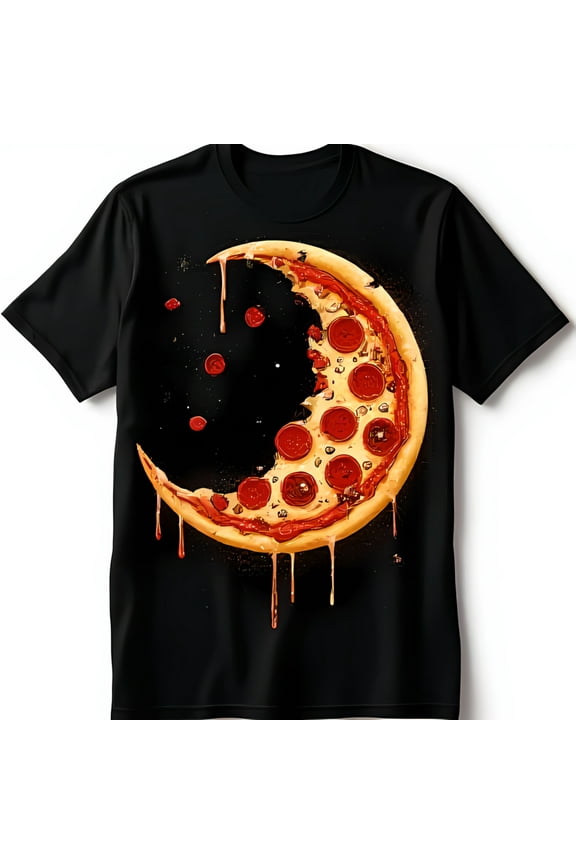 Whimsical Black T-Shirt with Pizza Graphic Fun & Playful Design