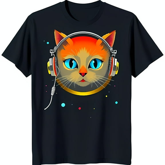 Whimsical Black T-Shirt with Playful Cat Graphic & Colorful Headphones