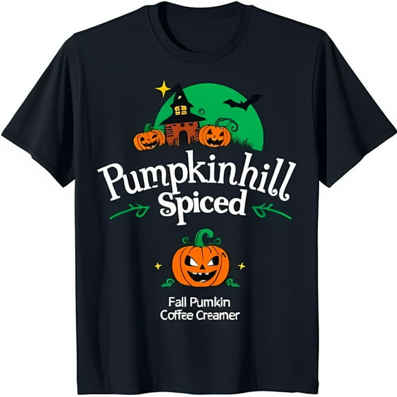 Whimsical Black T-Shirt with Pumpkinhill Spiced Graphic for Halloween Fun