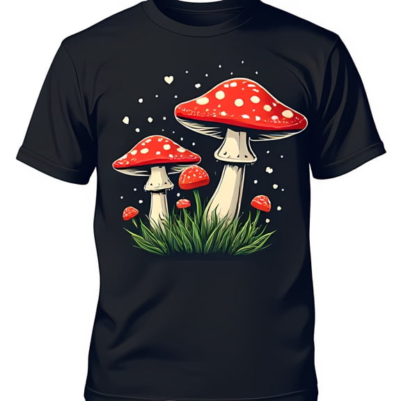Whimsical Black T-Shirt with Red Capped Mushroom Graphic & Green Grass Design