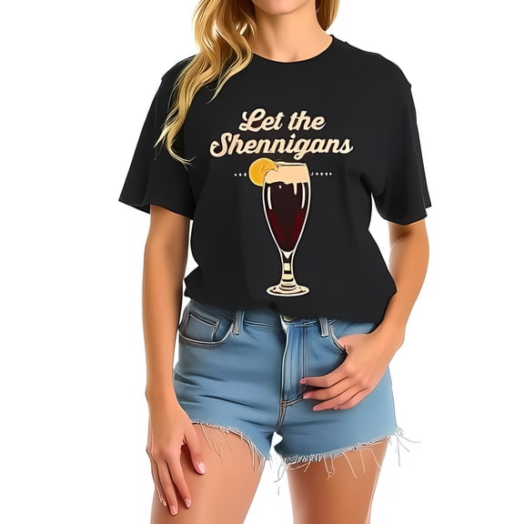 Whimsical Black T-Shirt with Retro Drink Graphic & 'Let the Shenanigans ' Text - Casual Summer Style