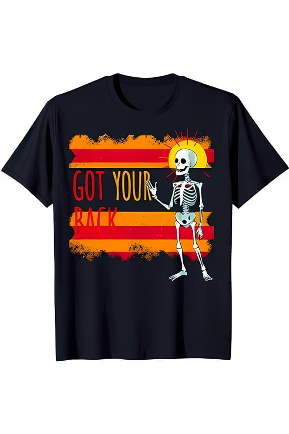 Whimsical Black T-Shirt with Skeleton Graphic & Got Your Back Print