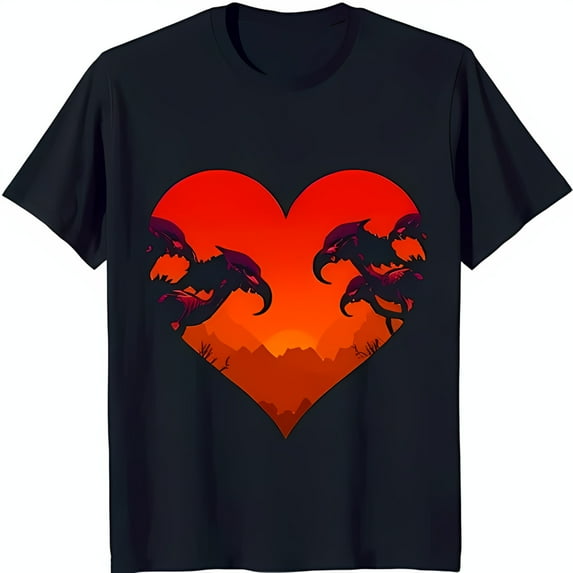 Whimsical Black T-Shirt with Sunset Heart Design & Shadowy Birds