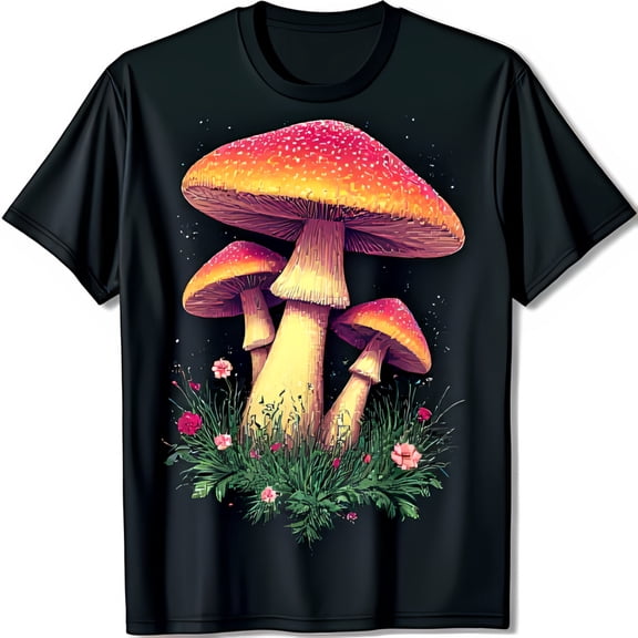 Whimsical Black T-Shirt with Vibrant Mushroom Graphic & Floral Design
