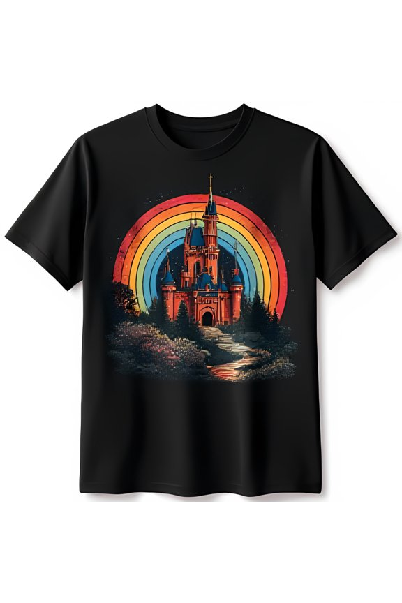 Whimsical Black T-Shirt with Vintage Castle Graphic Magical Forest Design