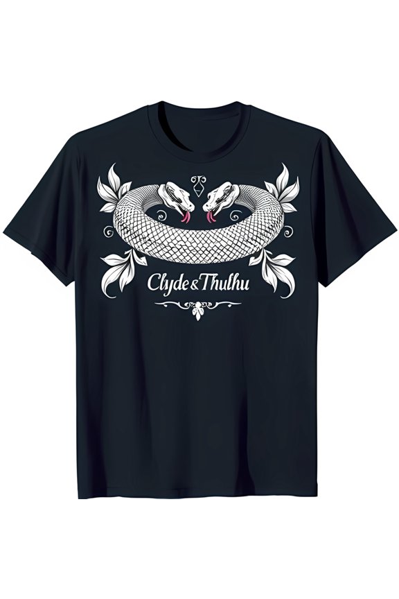 Whimsical Black T-Shirt with Vintage Snake & Floral Graphic Clyde & Thulhu Design