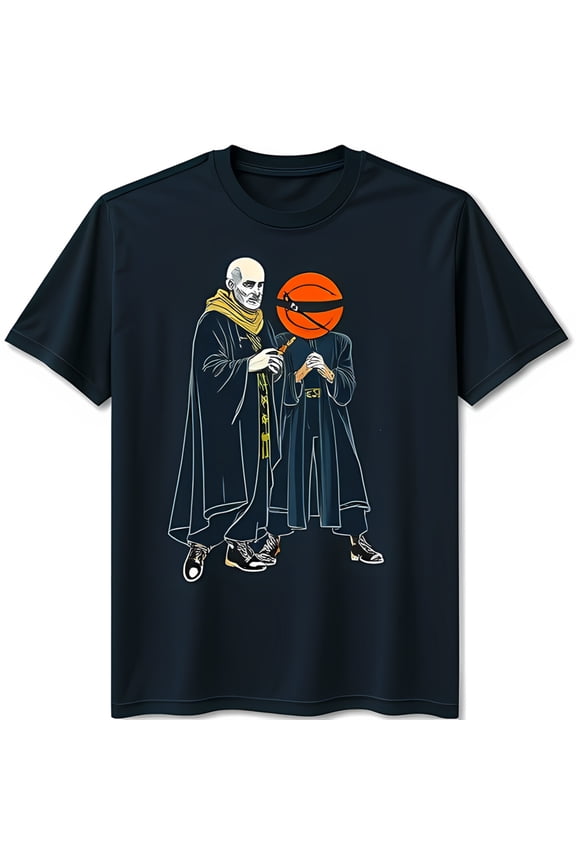 Whimsical Black T-Shirt with Vintage Wizard and Head Graphic