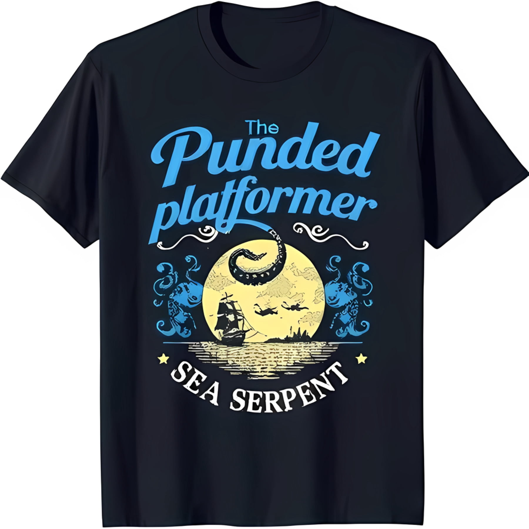 Whimsical Black T-Shirt with Yellow Moon & Sea Serpent Design 'The ...