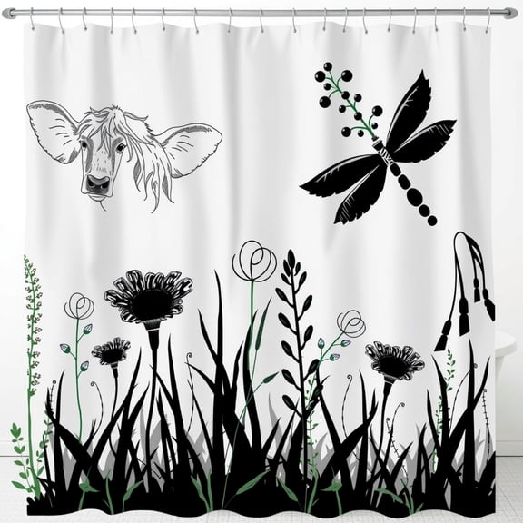 Whimsical Black & White Cow Shower Curtain with Dragonfly & Flowers
