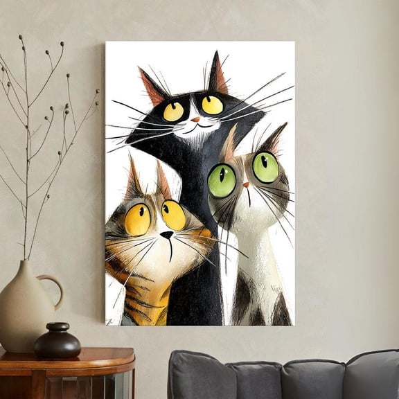 Whimsical Black and White Cat Art with Cute Tabby Kitten Illustration, Quirky Animal Wall Art Print