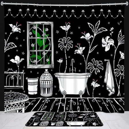 Whimsical Black and White Floral Shower Curtain - Vintage Bathroom Decor