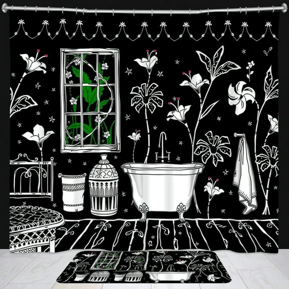 Whimsical Black and White Floral Shower Curtain - Vintage Bathroom Decor