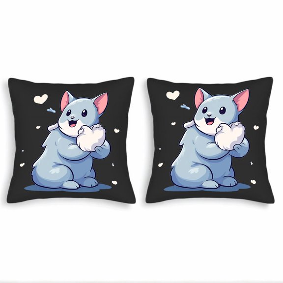 Whimsical Blue Cat Throw Pillow Covers 18x18in Set of 2 - Cheerful Cartoon Design with Hearts & Clouds for Couch Bed Car