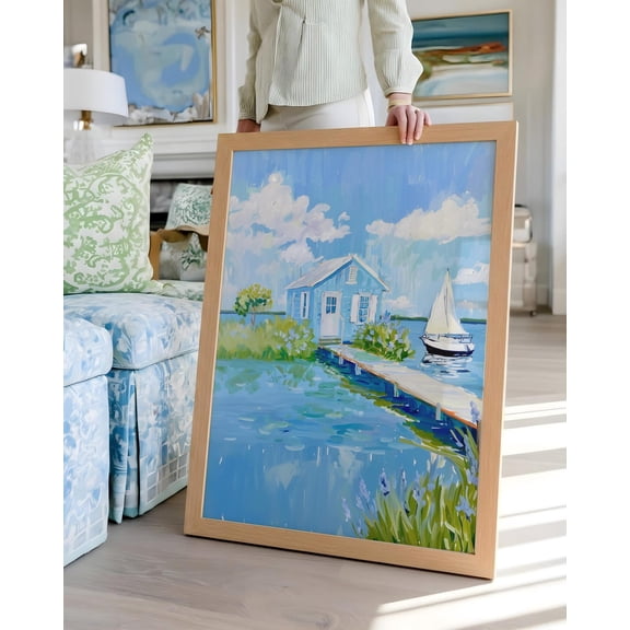 Whimsical Blue Coastal Cottage Cape Cod Beach House Seaside Nantucket Grandmillennial Coastal Cottagecore Graphic Poster Unframed Paper Print