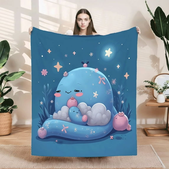 Whimsical Blue Creature Flannel Blanket - Cozy Soft Design with Flowers & Stars Perfect for Sofa Travel Bed & Chair