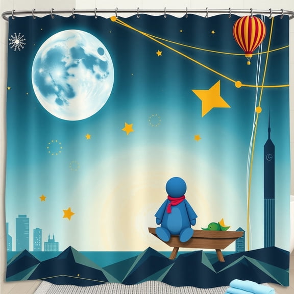 Whimsical Blue Figure Shower Curtain with Cityscape, Moon & Stars