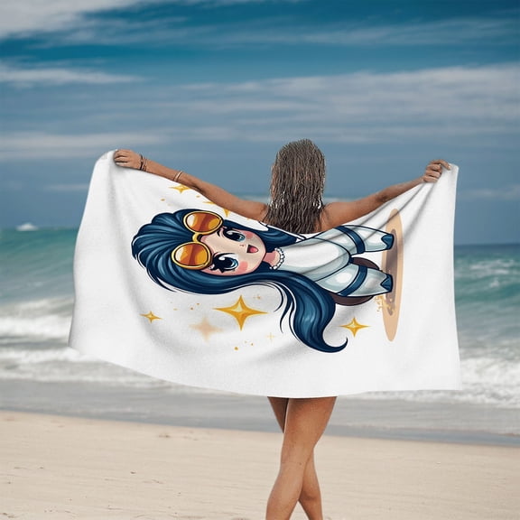 Whimsical Blue Hair Cartoon Character Beach Towel - Sparkling Stars Design Perfect for Pool Travel and Bath Use