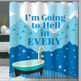 thumbnail image 1 of Whimsical Blue Mountain Shower Curtain with Stars & Bathtub - "I'm Going to Hell in EVERY" - Fun Bathroom Decor, 1 of 5
