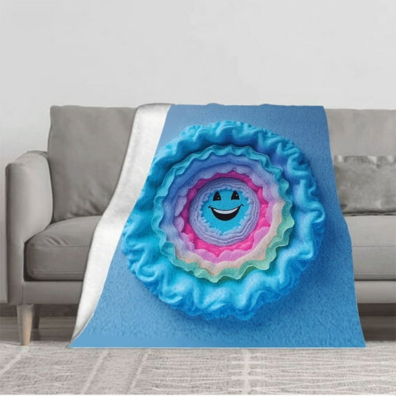 Whimsical Blue Smiling Face Flannel Blanket - Soft Cozy and Colorful Ruffles for Sofa Travel Bed and Chair