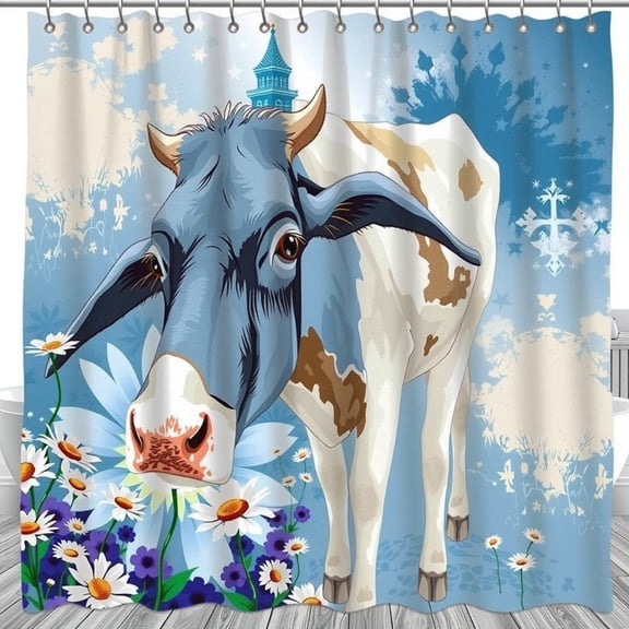 Whimsical Blue and White Cow Shower Curtain with Daisies and Abstract Tower - Cheerful Bathroom Decor
