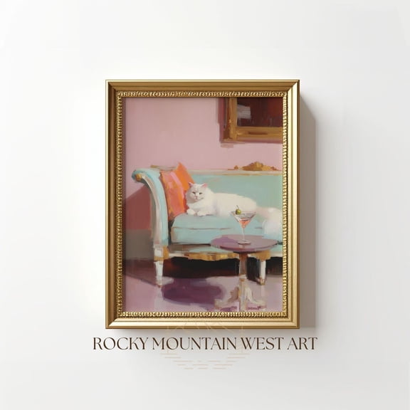 Whimsical Boho Cat Print Eclectic Cat Poster Vintage Glam Cat Wall Art Retro Cat Print Fun Bar Wall Decor Martini Cat Print Home Decor #221, Unframed Poster Size 24x36