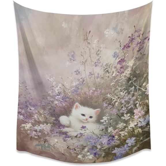 Whimsical Boho Floral Kitten Tapestry Impressionist Cottagecore Spring Floral Tapestries Rustic Farmhouse Nature Cat Wall Hanging Decor for Living Room Apartment Dorm Vintage Homewhite30x40inch