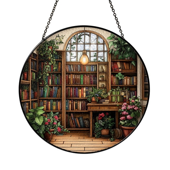 Whimsical Bookshelf Cats and Flowers Stained Glass Style Window Hanging