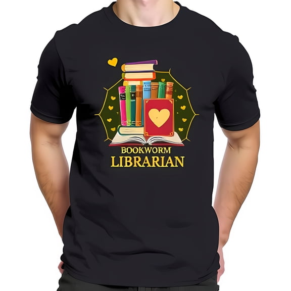 Whimsical 'Bookworm Librarian' Cotton Short Sleeve T-Shirt with Colorful Book Stack & Heart Design