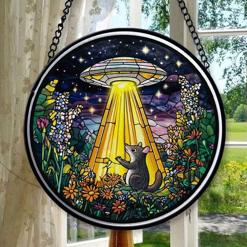 View of Whimsical Botanical Opossum UFO Abduction Stained Glass Window Hanging ...