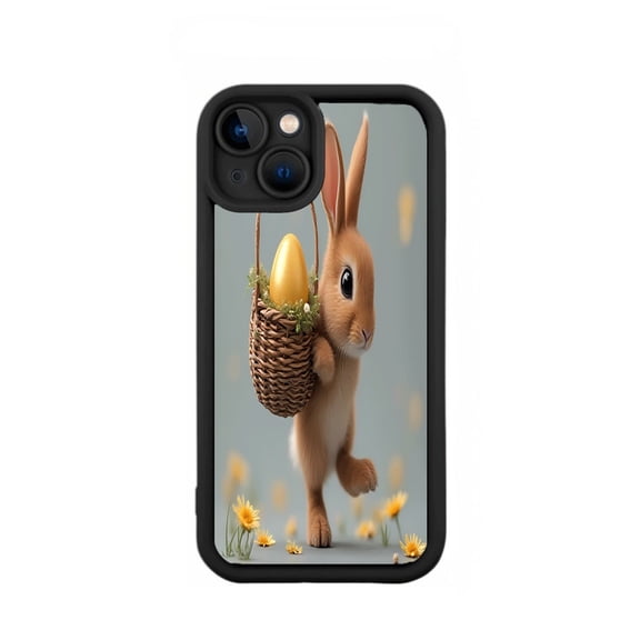 Whimsical Brown Rabbit with Basket of Yellow Eggs - Lightweight Yellowing Resistant iPhone 15 Case Spring Floral Design